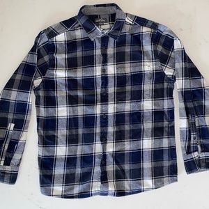 Men's Eddie Bauer Navy Plaid Button Down Cotton Flannel Shirt, Size Large